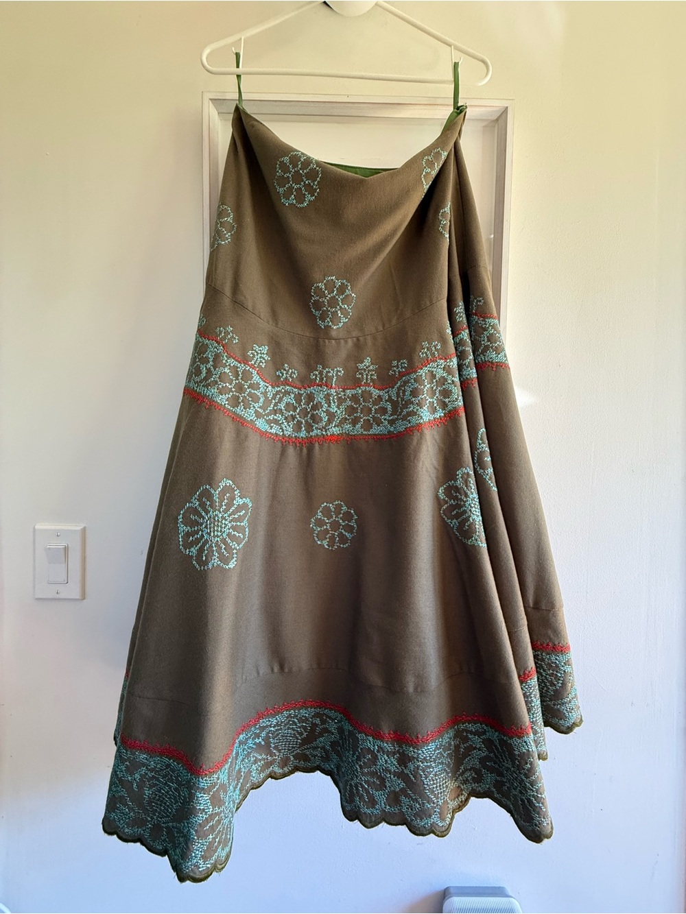 Oilily Size 42. Olive Green, Maxi Skirt with Turquoise & Coral Embroidery